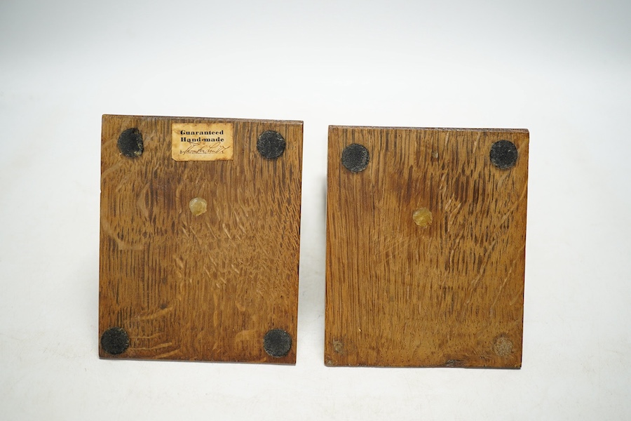 A pair of oak cricket 'bat, ball and stumps' book ends, handmade by Thornton Smith Company, c.1930, 18cm high. Condition - good